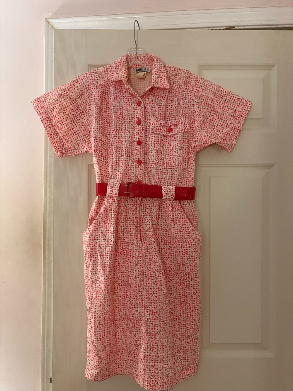 Red & white midi dress with belt size adult 4